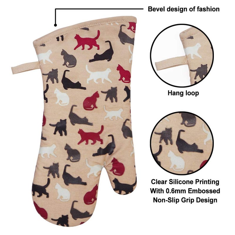 RED LMLDETA Oven Mitts Gloves 1 Pair Heat Resistant 480 â„‰ Non Slip Clear Silicone Printed Comfortable Cotton Lining Kitchen Women Men Cooking Barbecue Microwave Machine Washable (Cat, Khaki Mittens) - Image 3